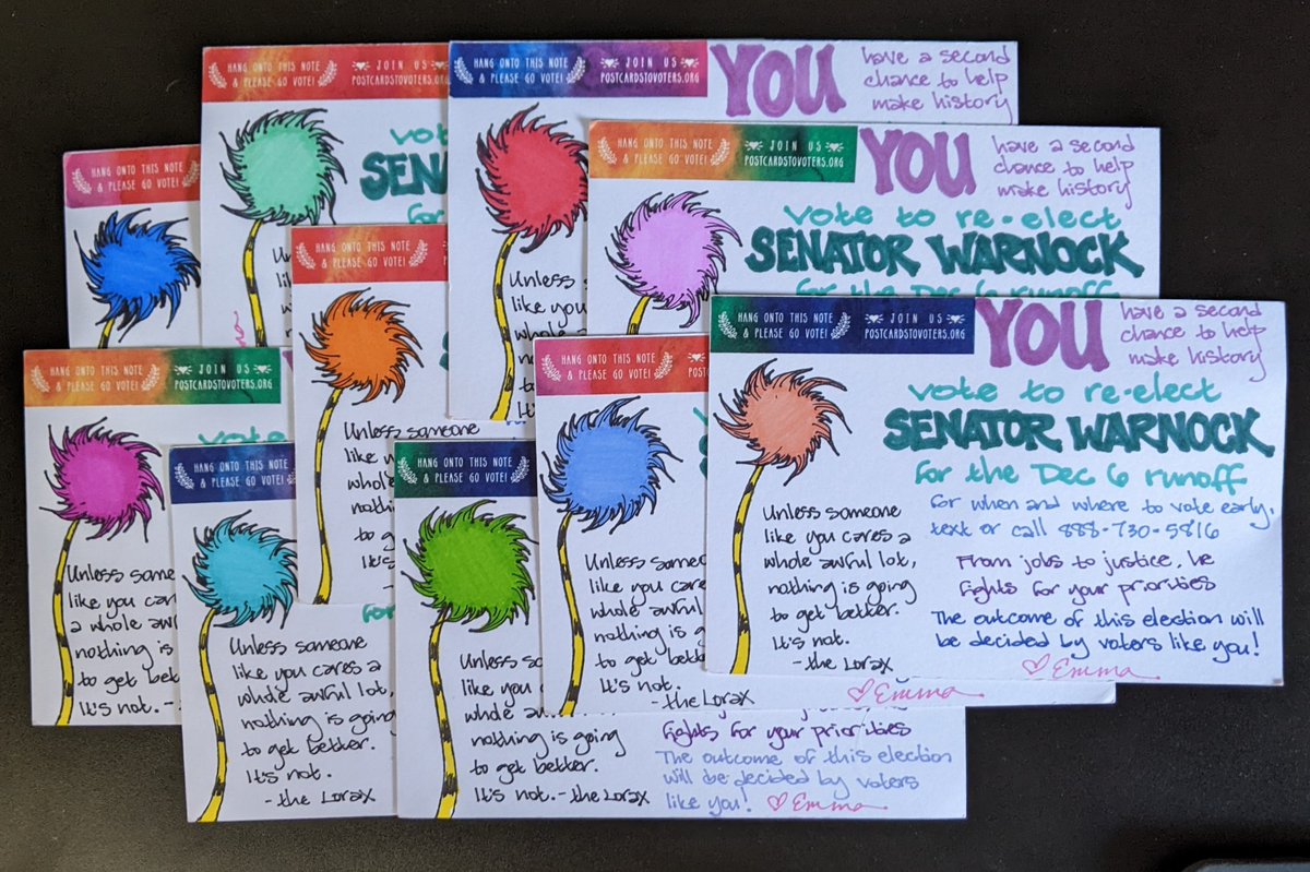 Returned to an old favorite design for this batch of #PostcardsToVoters headed to GA to re-elect @SenatorWarnock. 💙 Gotta love the Lorax. 🌎
#GoWarnock #WarnockWorksForGA #VoteEarly #RunoffElection #VoteBlueToSaveDemocracy
Volunteer to write with us! PostcardsToVoters.org