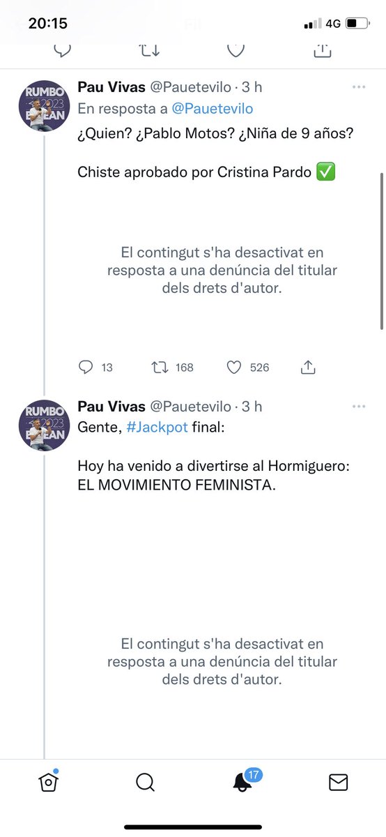 Pauetevilo's tweet image. La productora de Pablo Motos ha denunciado mi tuit y Twitter ha borrado el vídeo bloqueándome la cuenta por un momento.

En el vídeo se veían imágenes de El Hormiguero que contradecían la afirmación de Pablo Motos de no ser machista.

No hagáis retuit que se entera todo el mundo.