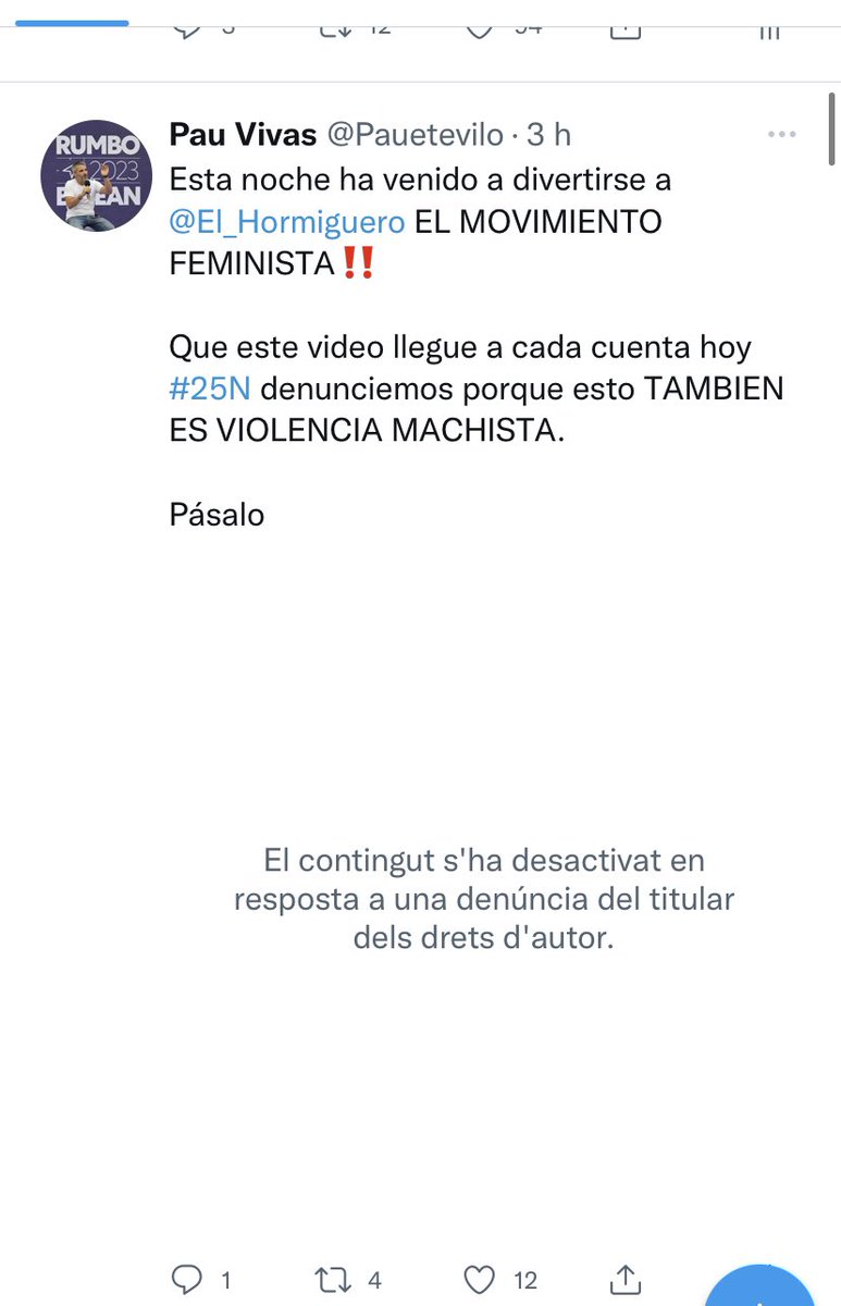 Pauetevilo's tweet image. La productora de Pablo Motos ha denunciado mi tuit y Twitter ha borrado el vídeo bloqueándome la cuenta por un momento.

En el vídeo se veían imágenes de El Hormiguero que contradecían la afirmación de Pablo Motos de no ser machista.

No hagáis retuit que se entera todo el mundo.