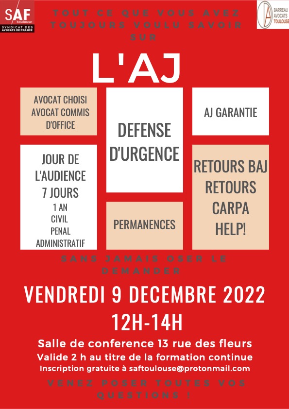 SAVE THE DATE : 09 décembre 2022 
FORMATION INDISPENSABLE
Tout ce que vous avez toujours voulu savoir sur l'AJ...sans jamais  oser le demander 😁
avec  Caroline MARTY DAUDIBERTIÈRES, Julie BROCA, Charlotte CAMBON et Pauline LABRO