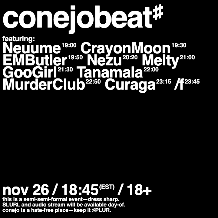 ⚠️conejobeat# is TOMORROW!
🎼six returning DJs &amp; four new!
👠dresscode: fancy-cute
🔗conejobeat.com
🥕— mod nezu
