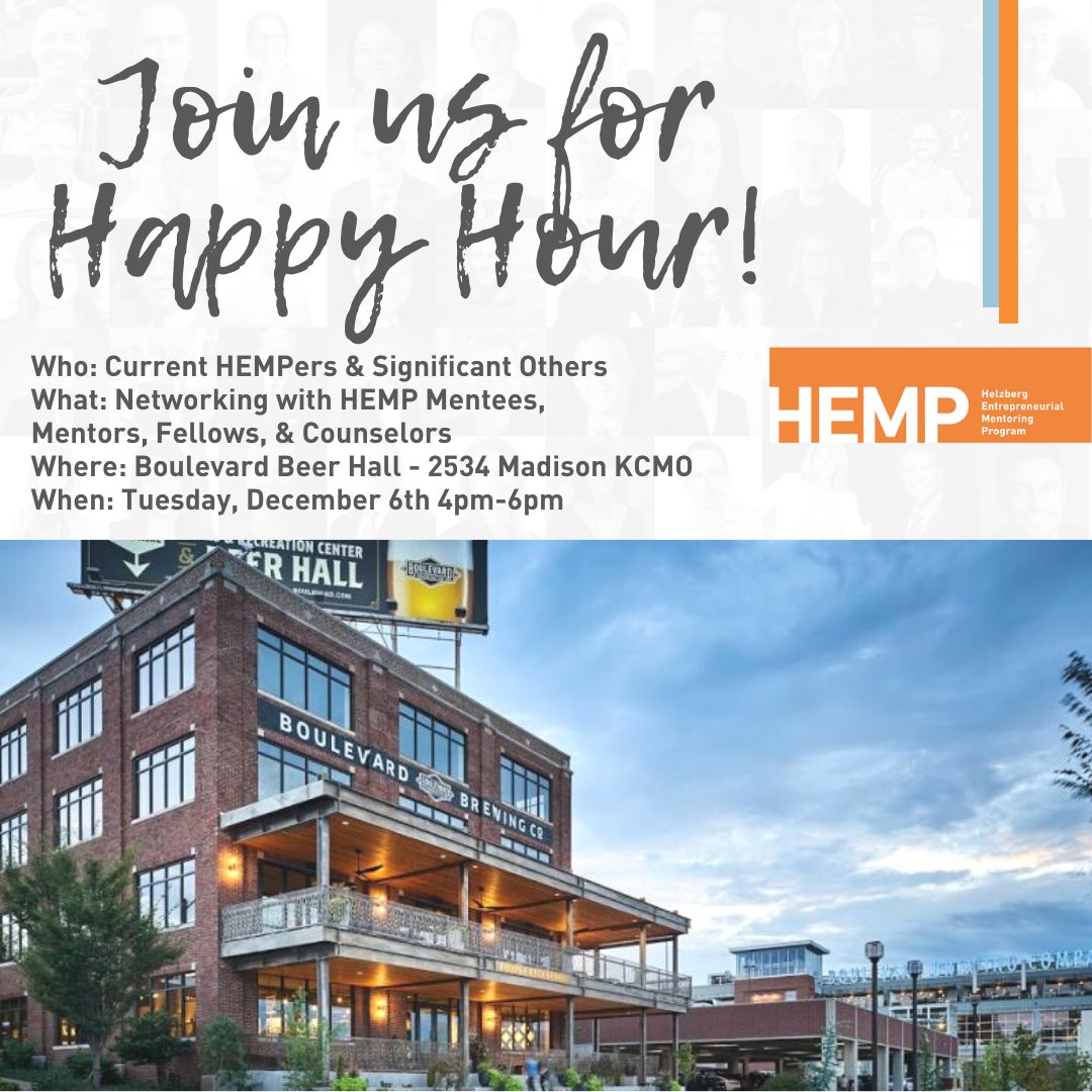 HEMPkc's tweet photo. Join usΒ Tuesday, December 6th from 4-6pm at Boulevard Beer Hall! This is a fun and casual time of networking with HEMPers and their significant others.
Email Maggie to RSVP! See you there!
#hempkc #hemphappyhour #hempevents #hempernetworking https://t.co/zVldXBA7un