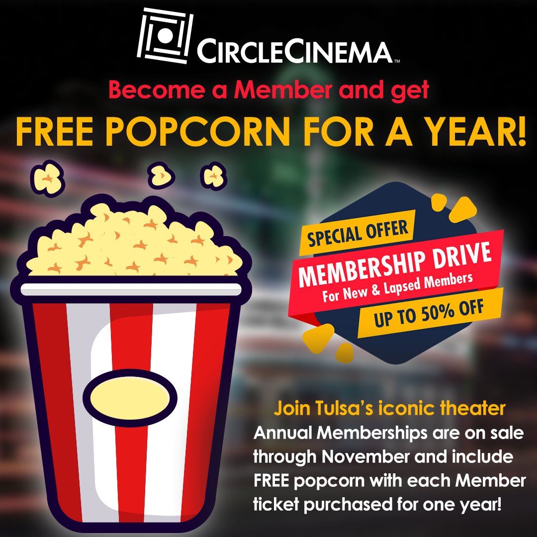 circlecinema's tweet photo. Don't brave Black Friday crowds today! Our membership drive is coming to a close and we don't want. you to miss it! Annual Memberships are on sale up to 50% off during Oct &amp; Nov - save big and see great films at Tulsa's iconic theater.

#MembershipDrive #CircleCinema https://t.co/a9rZsA1UgU