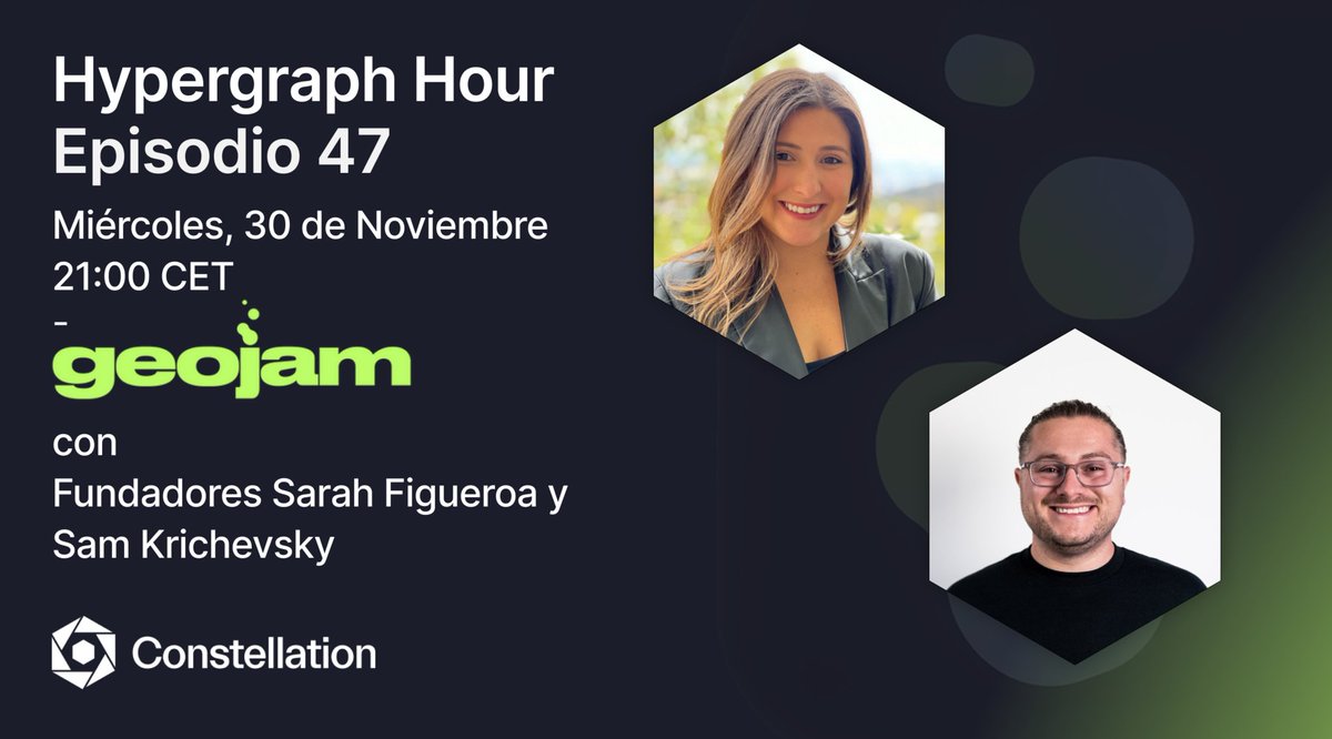 El próximo miércoles a las 21:00 CET tendremos a <a href="/itssarahfig/">Sarah Figueroa</a> y @geojamsam, fundadores de <a href="/geojamofficial/">geojam</a>, presentando el lanzamiento de su nueva aplicación durante el Episodio 47 de #HypergraphHour 🔥

No querrás perdertelo - ¡Tenemos una sorpresa! 😉 

$DAG $JAM #HGTP #Crypto