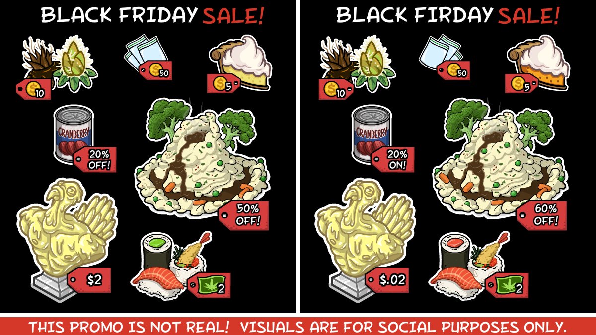 BFGrassRoots's tweet photo. Need extra bucks for Black Friday?

WIN 100 Potbucks, 100 Guano, and 1000 Coins by replying how many differences there are between these 2 "promos"!

It's high time for farmin' at https://t.co/0CbdemaVeF

#budfarm #budfarmgrassroots #game #mobilegames #idlegames #blackfriday https://t.co/CK4AIqDPT9