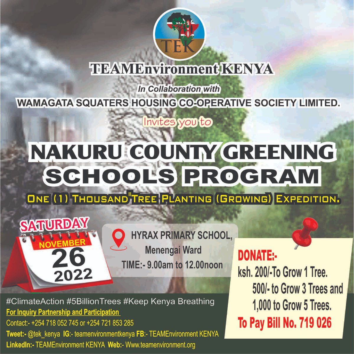 tek_kenya's tweet photo. TIME:- 9.30am to 12.00noon.

#5BillionTrees
#ClimateAction

@Environment_Ke
@susankihika
@StateHouseKenya
@HonTuya
@GreenBlueFound2
@NakuruCountyGov
@PhillipMacloud
@Ferdiomanyala
@WeDontHaveTime
@UNEP
@ntvkenya @citizentvkenya @KTNNewsKE https://t.co/WIbQTTA9vO