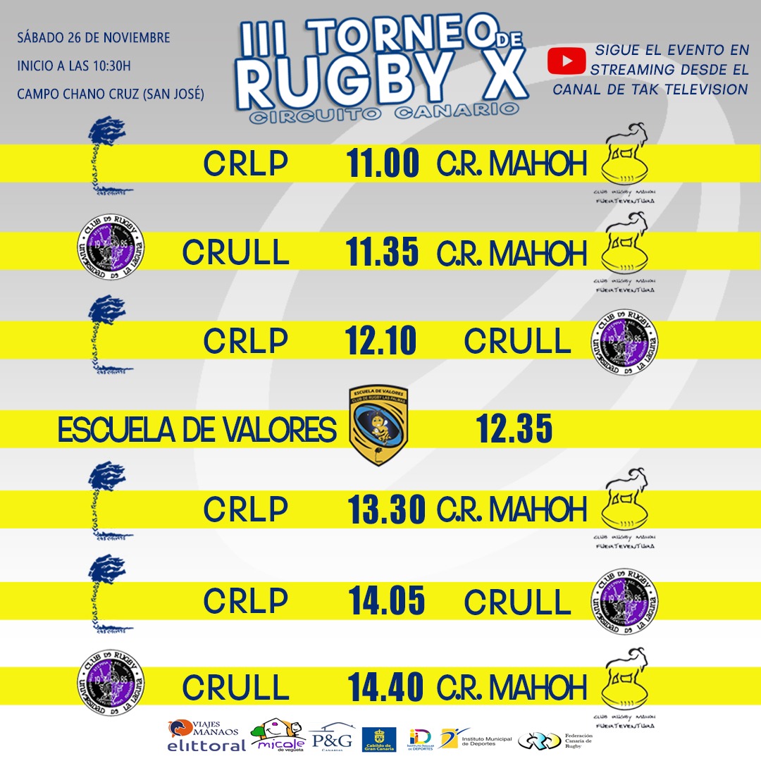 CRLPLasPalmas's tweet image. #circuitocanariorugbyX 🏉🇮🇨
Cuadro de competición para la jornada de la series que se hará en Gran Canaria por el #SeniorCRLP 🌴 junto a #CRULL y #Mahoj 
También habrá un espacio para nuestra #EscueladeValoresCRLP 🐝
Además @taktelevision1 retransmitira la jornada