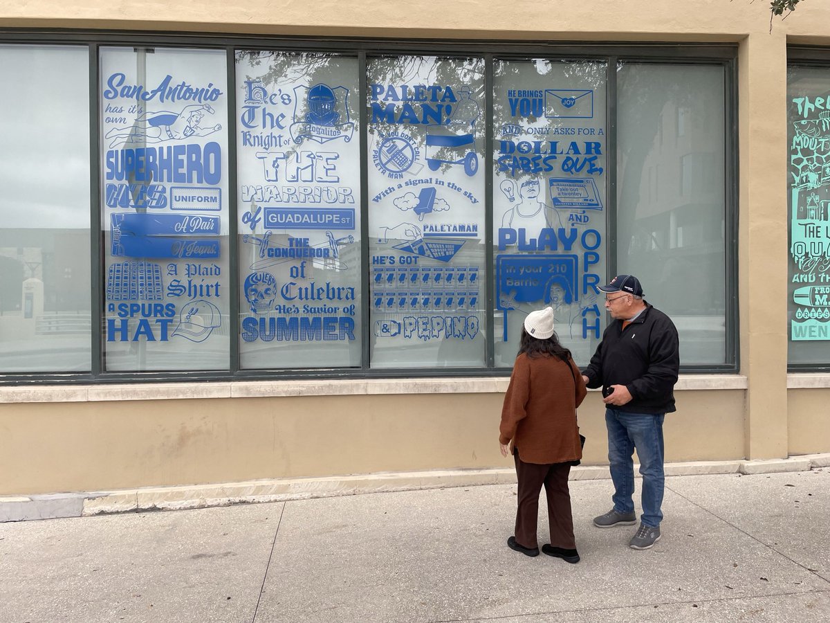 ElTacolico's tweet photo. I’ve had a poem displayed in downtown San Antonio since 2018. Due to my mom being ill/unable to travel and the COVID, my parents were unable to see it — until this morning, that is. My dad made sure to point to me and tell passing tourists, “It’s his. He wrote it.” https://t.co/gpDv3ijcFs