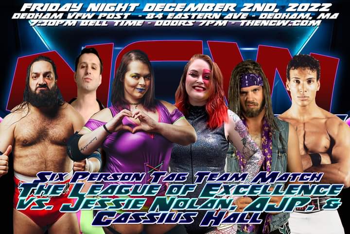 the_NCW's tweet photo. Six Person Tag Team Warfare at #NCW #WrestleFestXVII when the #LOE @isanababy @Steven_Lust & #NickDiamond collide with @thejessienolan @entitledAJP & @thecassiushall! #wrestling #upcomingevents #NCW2022 #Dedham #DedhamMA #WrestleFest https://t.co/kU5bLaQXZj