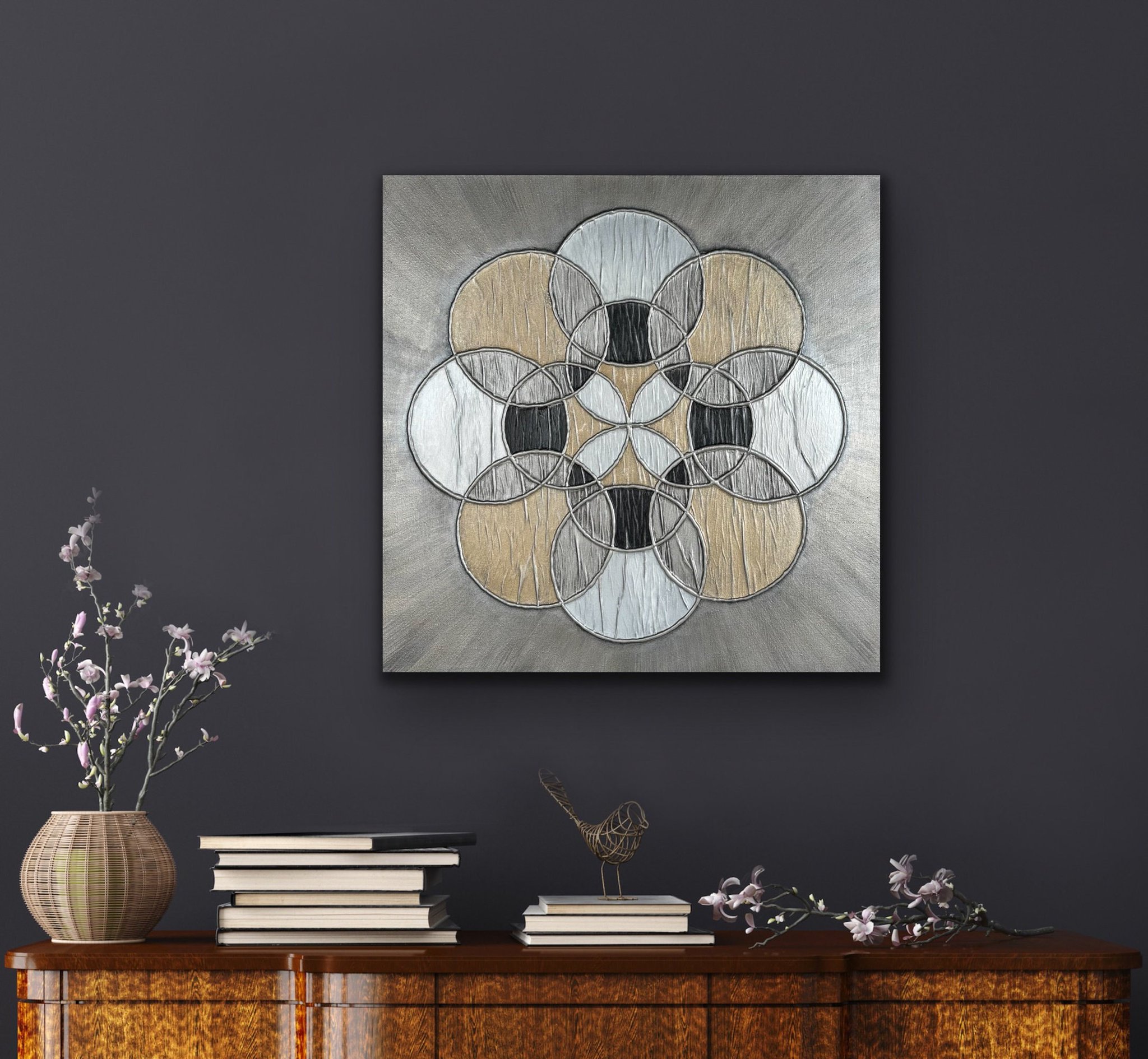 MKLongArt on Twitter "Square Wall Art, Silver Black Gold Art Painting