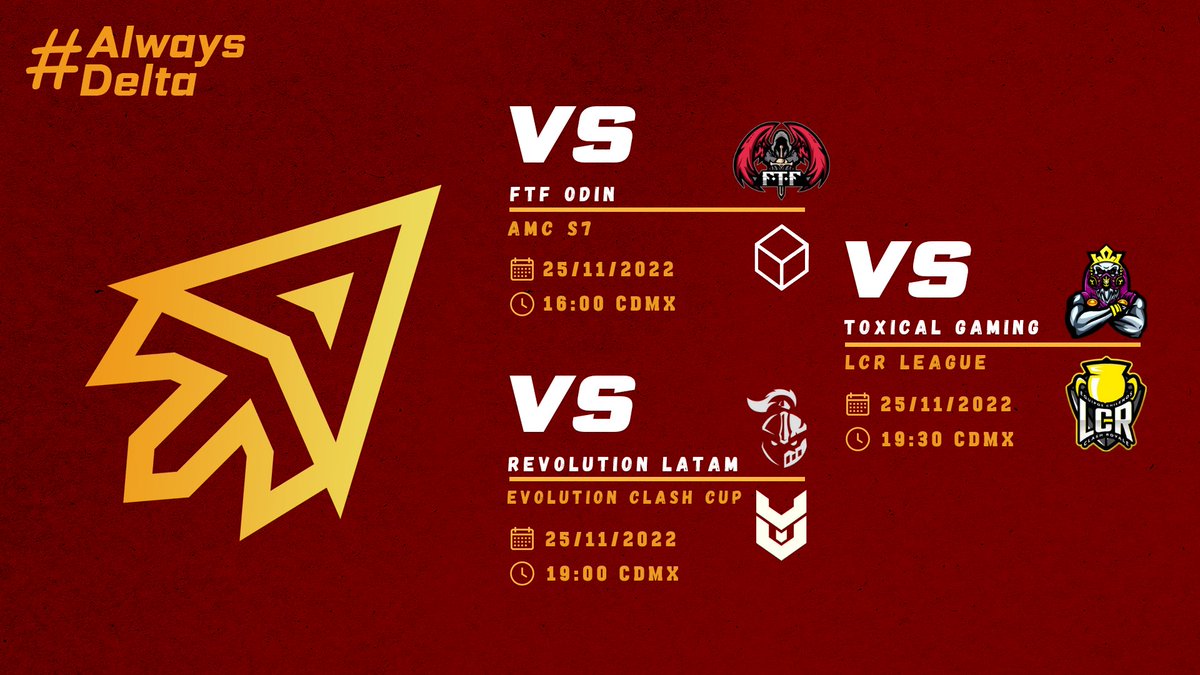 #TDCR • HOY JUGAMOS ∆ •

🏆 | <a href="/AMCRoyale/">AMC</a> [J3]
🆚 | <a href="/EsportFtf/">FTF-eSport 🏆</a>
⏰ | 19:00 🇨🇱

🏆 | <a href="/EvolutionClash_/">Evolution Clash Cup™</a> [J3]
🆚 | @RL_Latam
⏰ | 22:00 🇨🇱
🎙 | <a href="/DxJoseGaming/">Mr DX Jose</a>

🏆 | <a href="/LideresCRchile/">🏆LCR</a> [4TOS]
🆚 | <a href="/ToxicalGamingGG/">👑𝕋𝕠𝕩𝕚𝕔𝕒𝕝 𝔾𝕒𝕞𝕚𝕟𝕘👑</a>
⏰ | 22:30 🇨🇱
🎙 | <a href="/elpana507xd/">elpana507xd🇵🇦</a>

#GoDelta #AlwaysDelta #twitchenlinea