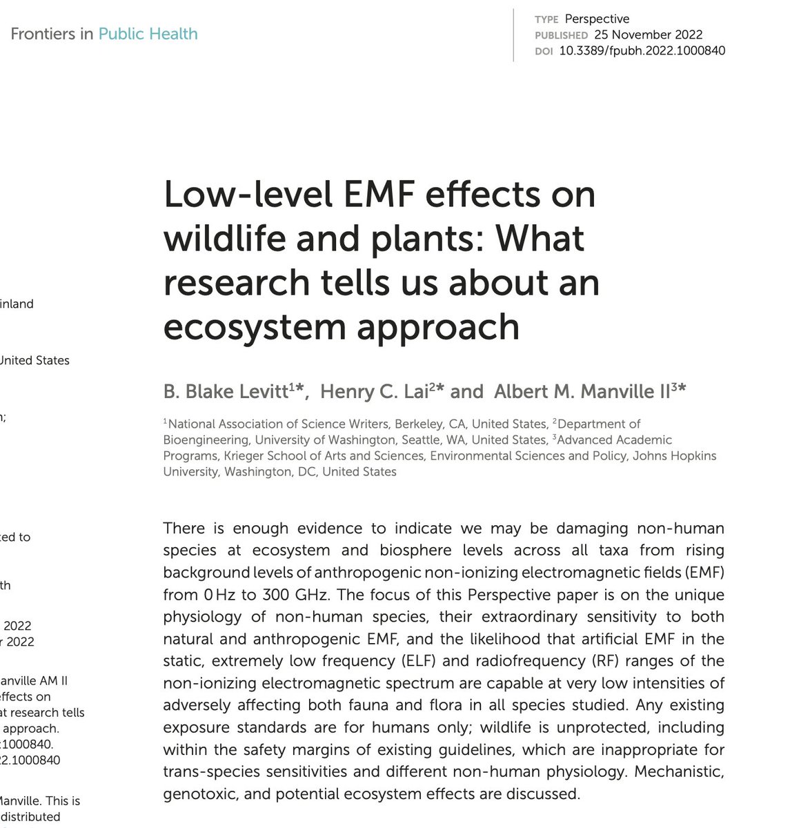 “Long-term chronic low-level EMF exposure guidelines, which do not now exist, should be set for wildlife... We have a long overdue obligation to consider potential consequences to other species...”
“The evidence requiring action is clear.”
#RF
Open access.
frontiersin.org/articles/10.33…