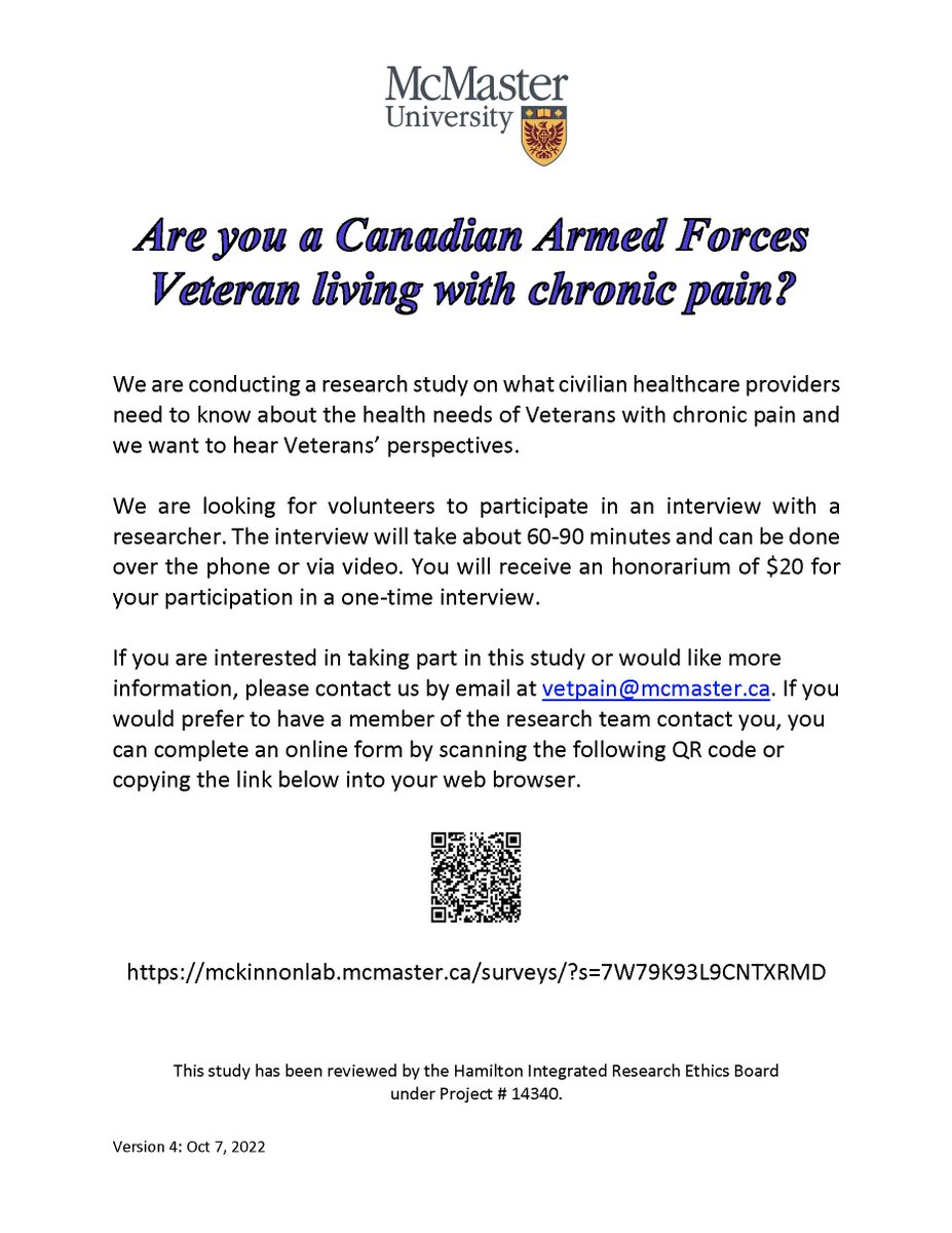 Are you a Veteran living with chronic pain? We are conducting a research study on what civilian healthcare providers need to know about the health needs of Veterans with chronic pain and we want to hear Veterans’ perspectives. Email us at vetpain@mcmaster.ca to learn more.