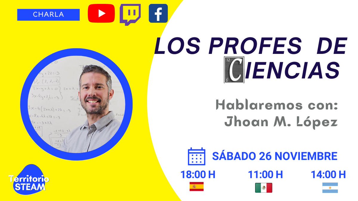 📢Mañana a las 18h España tenemos charla con Jhoan de <a href="/ProfesDCiencias/">Los Profes de Ciencias</a> 🔝

Os dejamos los enlaces para poder vernos

🔲 Youtube: bit.ly/3EL8F2W

🔲 Twitch: bit.ly/3AOSfVR

🔲 Facebook: bit.ly/3AKs2I8