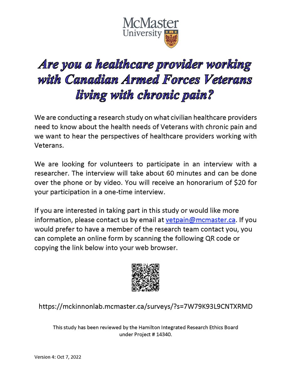 Are you a healthcare provider working with Veterans living with chronic pain? We are conducting a study on what healthcare providers need to know to provide effective care to Veterans and we want to hear your perspective! Email us at vetpain@mcmaster.ca to learn more.