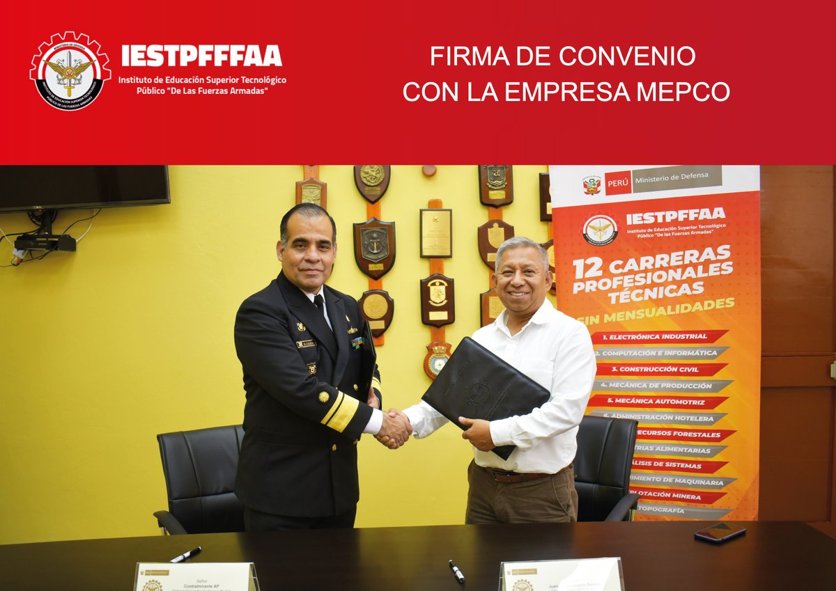 IESTPFFAA's tweet photo. FIRMA DE CONVENIO CON LA EMPRESA MEPCO
El 23 de noviembre, se firmó el convenio de cooperación interinstitucional entre el Instituto de Educación Superior Tecnológico Público de Las Fuerzas Armadas (IESTPFFAA) y la empresa MEPCO Manipuladores y Equipos para Construcción S.A.C https://t.co/RqlQ36WqQF