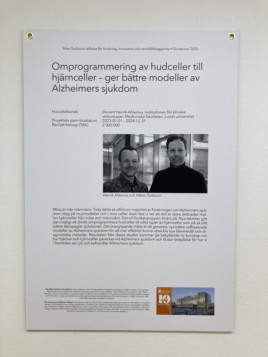 Had the pleasure of attending the 10 year anniversary of  <a href="/MediconVillage/">Medicon Village</a> and receiving a donation from Mats Paulsson’s Foundation. Grateful for their support of our research developing next generation of human models of Alzheimer’s disease based on cellular reprogramming