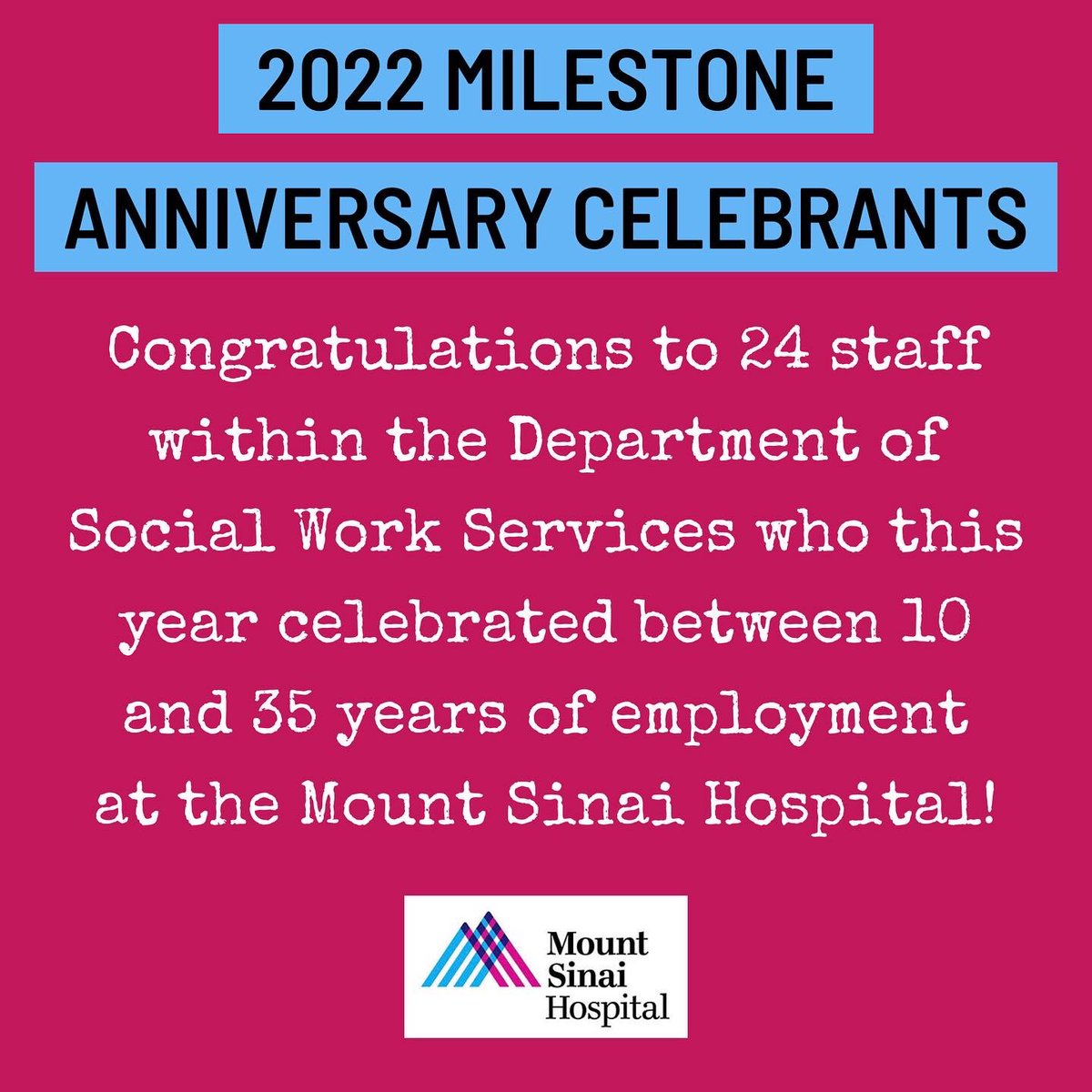 SocialWorkMSH's tweet photo. ⁣2022 MILESTONES!
⁣
Congratulations to 24 staff within the Department of Social Work Services who this year celebrated between 10 and 35 years of employment at the Mount Sinai Hospital!⁣
⁣
#socialwork #socialworkers #mountsinainyc #staffrecognition #newyorkcity⁣ https://t.co/A941uWic0W