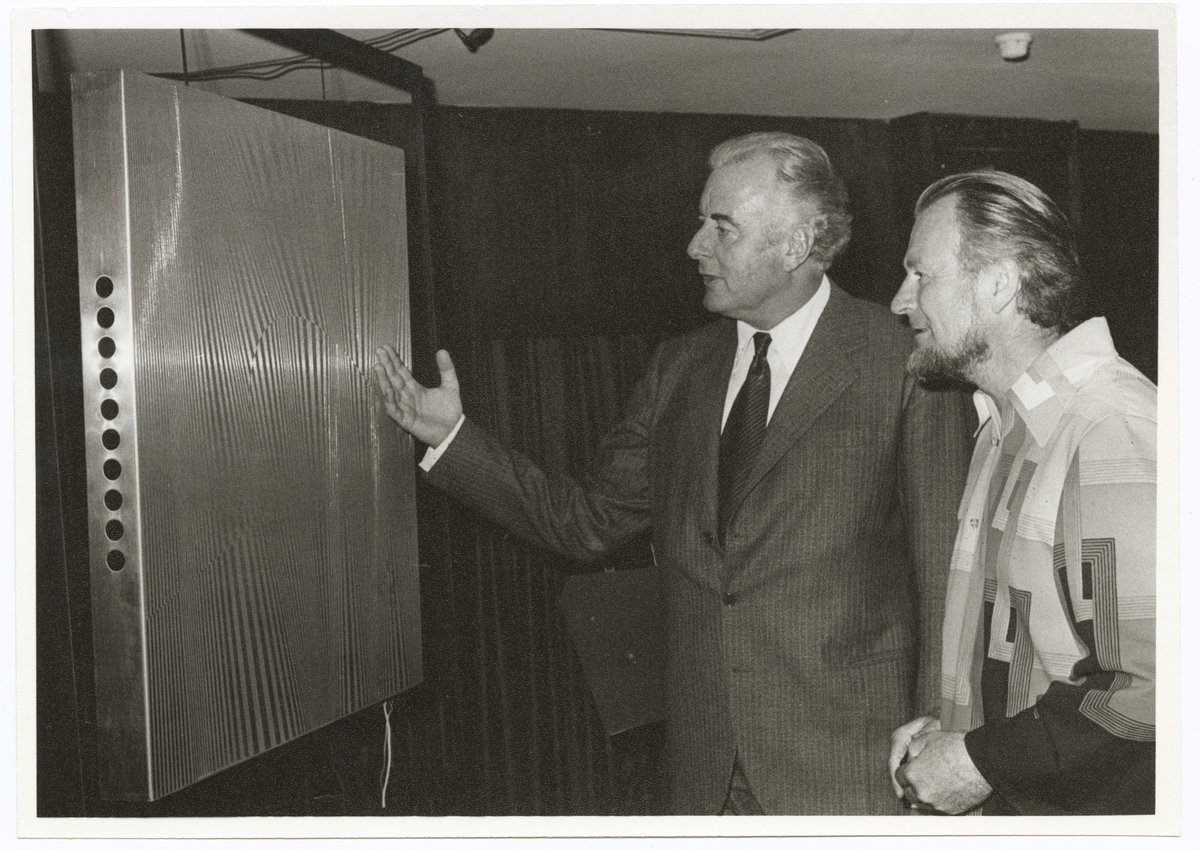 THEN:
PM Whitlam, Stan Ostoja-Kotkowski with theremin at Australia’75. Computers &amp; Electronics in the Arts. Come see it at #AustralianCybernetic open all weekend cybernetics.anu.edu.au