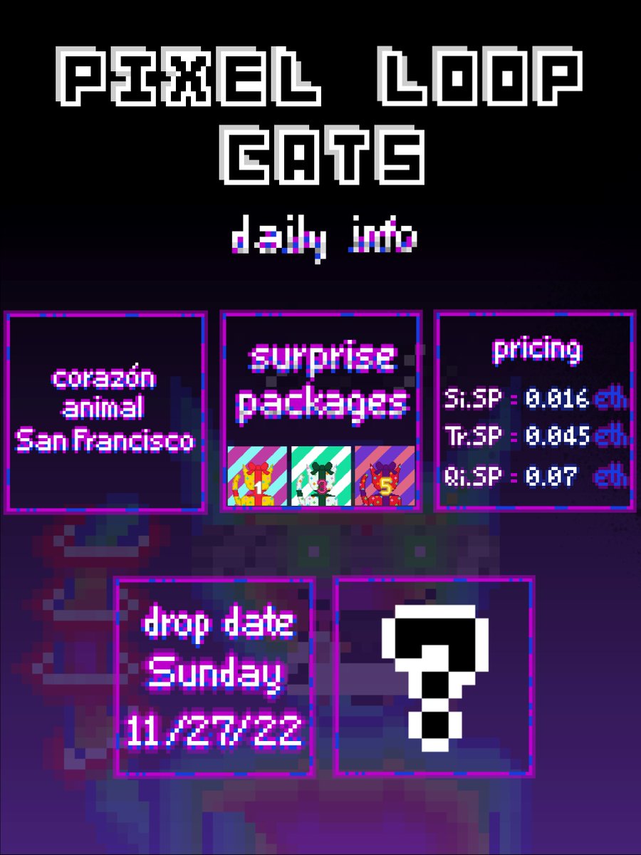 lazyloopcat's tweet photo. Dropping this Sunday, November 27th!
Time of the drop will be announced tomorrow!
#GameStopNFT #GME #GMENFT #L222 #PixelLoopCats #PLC https://t.co/TfhYMpP1PO