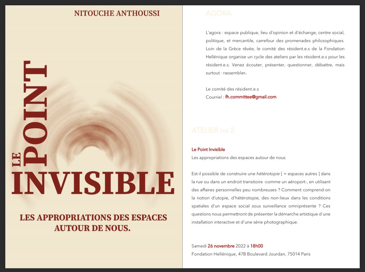 Nitouche13's tweet photo. “Le Point Invisible” my book published by the Maison d’Éditions “Astir” will be announced among with the presentation of my artworks both inspired from #heterotopia @ Fondation Hellénique de Paris on this Saturday 26th at 6p.m. I can’t wait! #lepointinvisible #agora https://t.co/FkrSJSLCOX