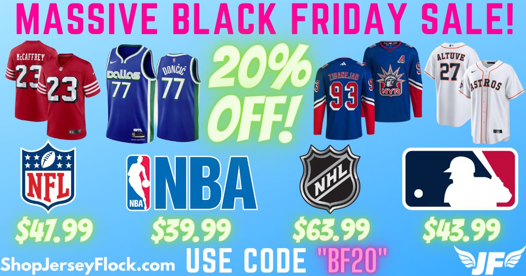 🚨MASSIVE BLACK FRIDAY SALE &amp; GIVEAWAY!🚨

We're going BIG this weekend! Use code "BF20" for 20% off sitewide! Sale ends Monday. Use this link: ShopJerseyFlock.com/discount/BF20

We'll giveaway THREE jerseys to someone who retweets this and comments what jersey they want! Good luck!