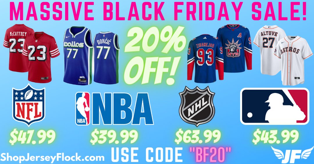 🚨MASSIVE BLACK FRIDAY SALE & GIVEAWAY!🚨 We're going BIG this weekend! Use code 'BF20' for 20% off sitewide! Sale ends Monday. Use this link: ShopJerseyFlock.com/discount/BF20 We'll giveaway THREE jerseys to someone who retweets this and comments what jersey they want! Good luck!