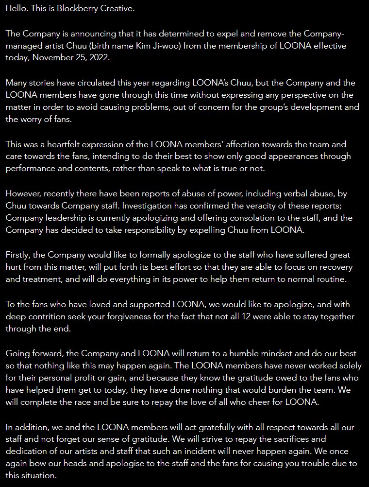 &lt;BREAKING NEWS&gt; BlockBerryCreative, LOONA’s Agency announced Chuu’s removal from the girl group. 

Fans were in a complete shock and heartbroken with this decision.  

See official statement below:
#LOONA #CHUU