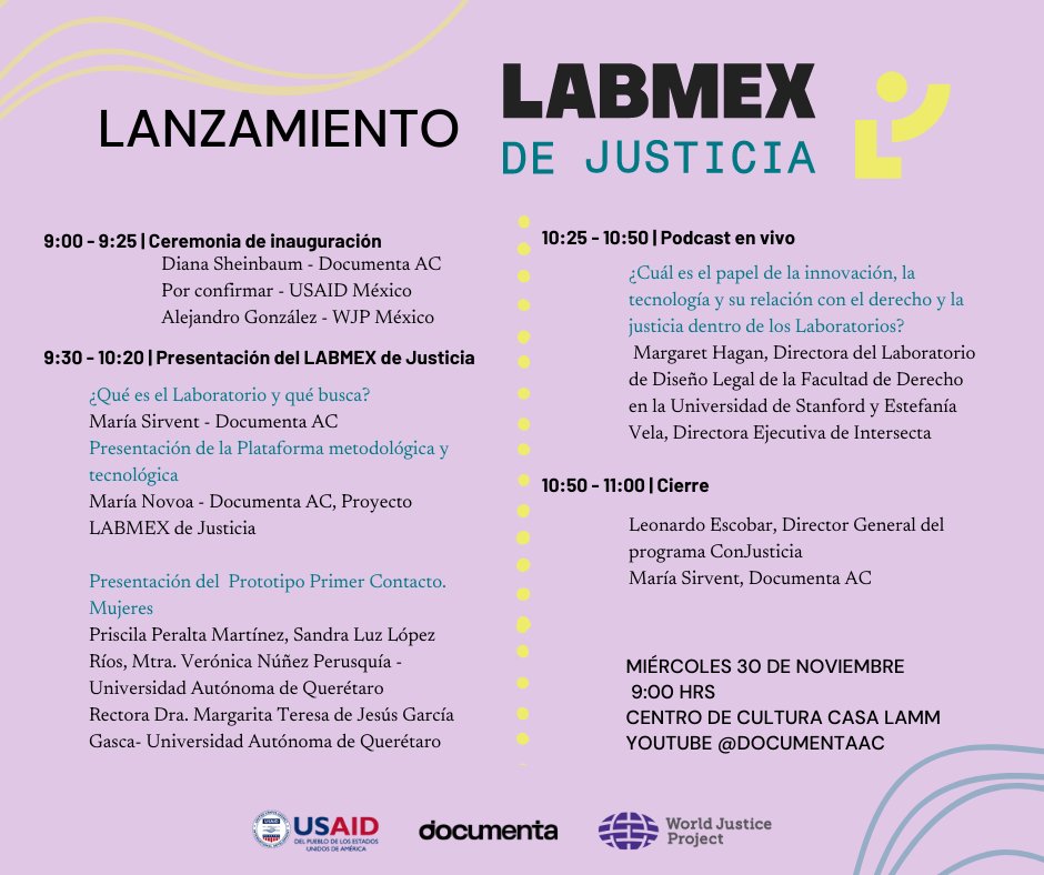 DocumentaAC's tweet photo. Ya esta muy cerca el lanzamiento del #LABMEXdeJusticia⚖, un espacio de creación e implementación de ideas innovadoras para mejorar #SistemaDeJusticia en nuestro país. 

¡Acompaños! 

🗓Miércoles 30 de noviembre, 9:00 h
Registra tu asistencia aquí 
👉 https://t.co/wTACUb6D6I https://t.co/pwu2qwoZpz