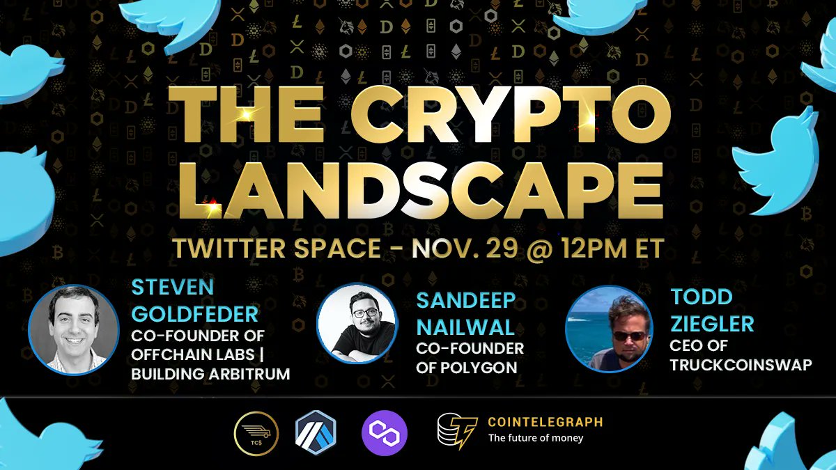 Cointelegraph's tweet photo. 🎧TWITTER SPACE INCOMING🎧

Come chat w/ industry leaders on the future of L2s, the crypto industry, &amp; real-world use cases.

➡️ @sandeepnailwal of @0xPolygon
➡️ @sgoldfed of @offchain + @arbitrum
➡️ @truckcoinswap CEO

🗓️ Tues @ 12PM ET

RSVP👉https://t.co/55cl77hcNl https://t.co/wZKbkUL0YK