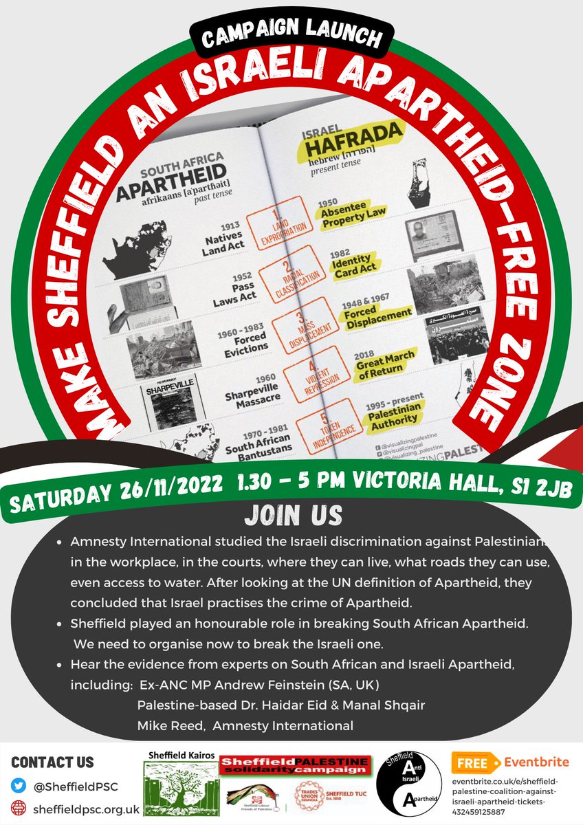 ShahdAbusalama's tweet photo. Excited for tomorrow's campaign launch to make Sheffield an Israeli Apartheid-Free Zone. Join us and hear from @amnesty , @andrewfeinstein, prof @pappe54  and @shqair_manal  and Dr @haidareid! South Africa Apartheid was defeated. Let's organise and defeat the Israeli one! Free 🇵🇸 https://t.co/7I7TfkLCUH