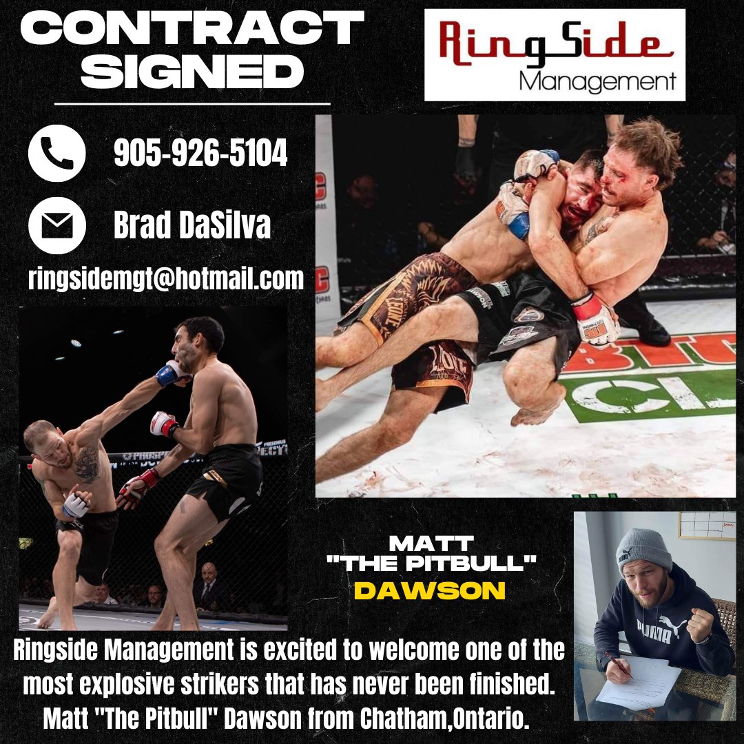 RingsideManage's tweet photo. ⭐#CONTRACT SIGNED⭐
Ringside Management is excited to welcome one of the most 💥explosive💥 strikers that has never been finished MATT "THE PITBULL" DAWSON from #Chatham #Ontario 🇨🇦
#MMA #mmatwitter #kickboxer #RingSideManagement #mmafighter #mmaworld #mattdawson #thepitbul https://t.co/xLO1G2ERnD