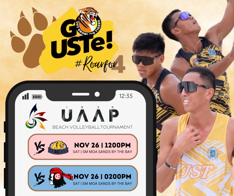 thelastwhistler's tweet photo. EYES ON THE PRIZE! #GoUSTe #ROARfor4
Support the UST Tiger Sands Men and Womenβs Team as they secure the top spot in the UAAP Beach Volleyball tournament.
Live stream via https://t.co/NkkuYM7IqM https://t.co/AVSJLLTRGu