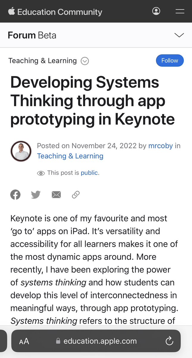 coby_mr's tweet photo. My first post on the new @AppleEDU Community is now LIVE 🔴

Developing Systems Thinking through app prototyping in #Keynote

Comes with a free downloadable template 📃

Check it out here ⬇️ 

https://t.co/B3vUe57iyN https://t.co/q8FiNTuktT