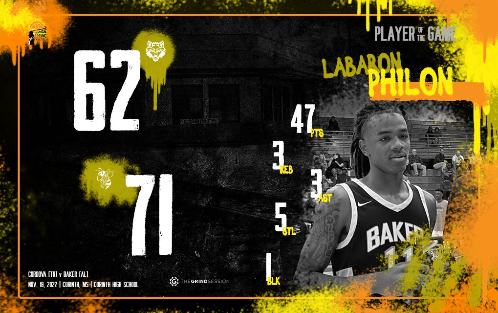 FINAL
Cordova (TN) 62
Baker (AL) 71
Player of the Game: Labaron Philon 47p 3r 3a 5s 1b

Alex Threadgill 10p 5r 1a 1b
Devin Hall 17p 2r 1a 2s
Karl Burroughs 1p 5r 4a 4s