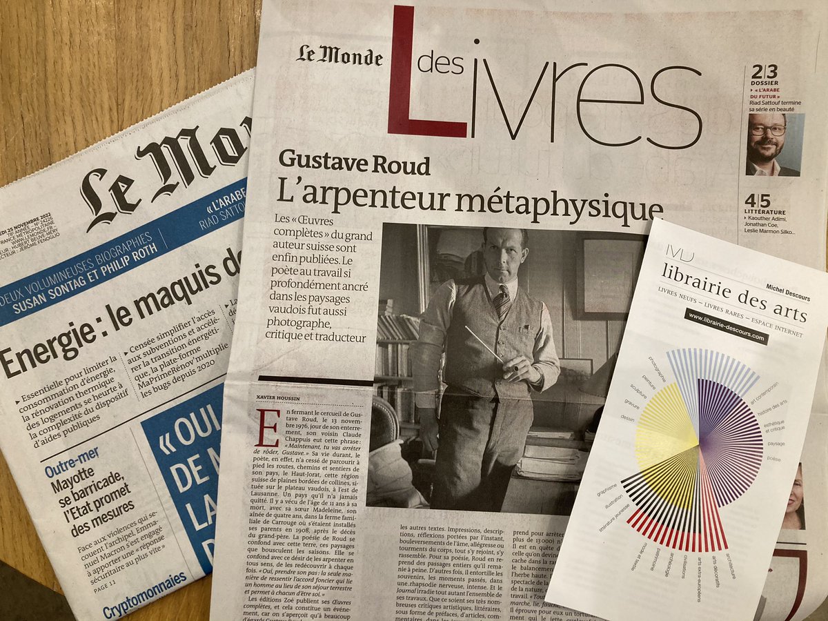Gustave Roud est en une du Monde des livres ce vendredi. Et ce soir nous recevons Daniel Maggetti, l’un des éditeurs des œuvres complètes publiées par les éditions Zoé ! 

RDV à 19 heures, pour découvrir ce grand poète et traducteur suisse... Saisissez l’occasion !