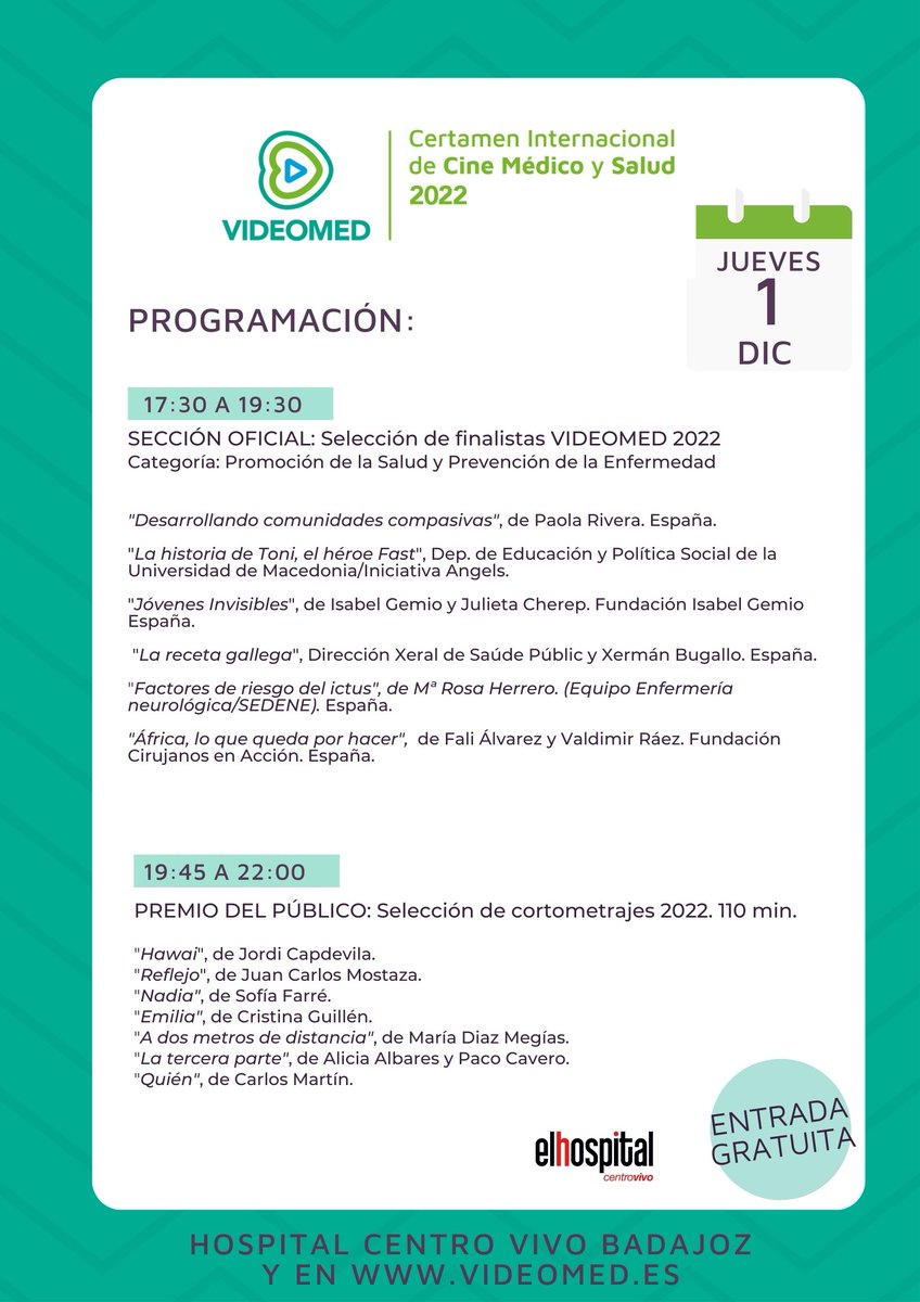 Videomed_es's tweet photo. ‼️Hoy es tu última oportunidad para disfrutar Videomed‼️
Y terminamos por todo lo alto ❤️‍🔥: 
➡️Sección Oficial: Promoción de la salud y prevención de la enfermedad 
➡️Premio del Público 👏👏👏
Te esperamos en El Hospital Centro Vivo y en nuestra web: https://t.co/EzPPDchK3J https://t.co/pxNUPybyb6