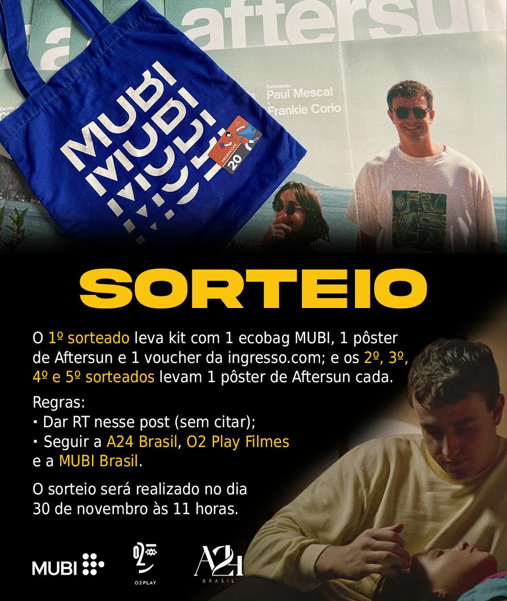 A24Brasil's tweet image. 🚨 Em comemoração à chegada de Aftersun aos cinemas brasileiros no dia 1º de dezembro, a A24 Brasil se uniu a O2 Play Filmes e a MUBI Brasil!

Regras:
👉🏻 Dar RT nesse post (sem citar);
👉🏻 Seguir a @A24Brasil, @O2Playfilmes e @mubibrasil.

Sorteio 30 de novembro às 11 horas! 🥳✨