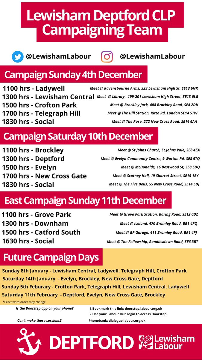 As we draw close to the end of the year, it’s only right your Labour members and volunteers remain visible in the community. 

Please see below graphic and join us at one (or all) of the canvassing sessions in December. 

If you are new to canvassing, you will be buddied up!