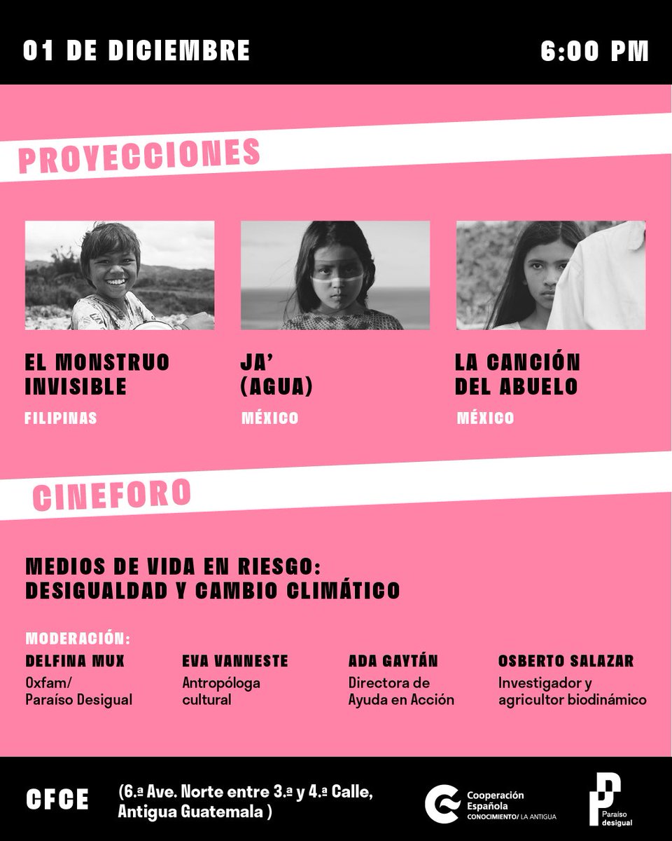 ¡Llega la V Muestra de Cine de Paraíso Desigual a Antigua Guatemala! 🎬🎞️Los esperamos el jueves 1 de diciembre a las 6pm en <a href="/CFCEAntigua/">CFCE Antigua</a> para nuestro cineforo y tener una conversación que no se pueden perder. 🍿*¡Cupo limitado!