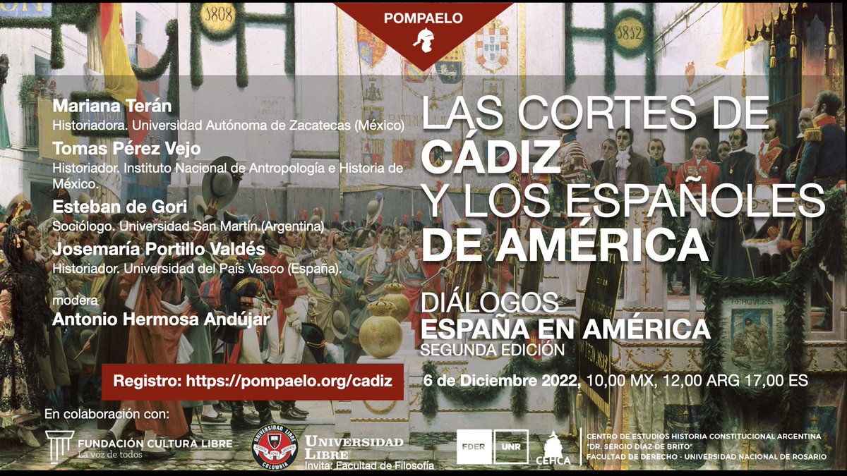 Calentando motores para el 6 de Diciembre: 📺 “Las Cortes de Cádiz y los españoles de América”. Un coloquio online sobre uno de los momentos críticos de nuestra historia, con ponentes de ambos lados del Atlántico. Estás a tiempo de registrarte (pompaelo.org/cadiz).