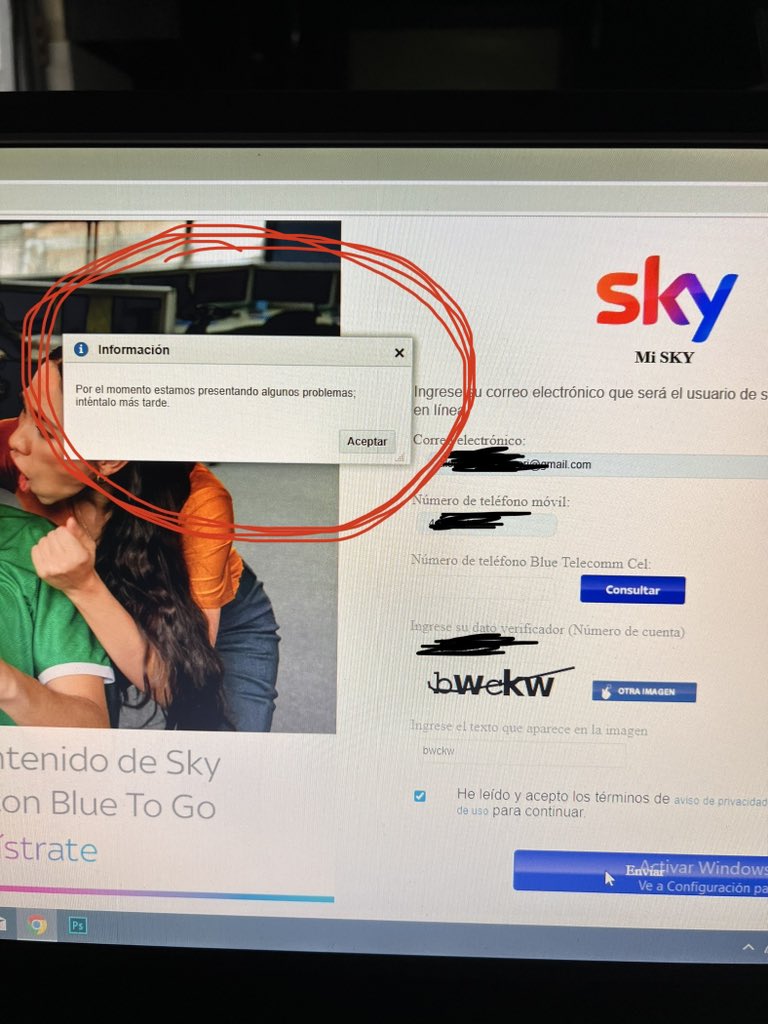 IngPoullet's tweet photo. Que esta pasando @skycontigo ,tenemos 5 días sin poder darnos de alta en servicios en línea para poder entrar a bluetogo y ver el mundial por internet, malos procesos? Se cayó el sistema? Ya hablamos y no dan solución,siempre aparece este msj de error #mundialporsky https://t.co/2oWZ9HT7cW