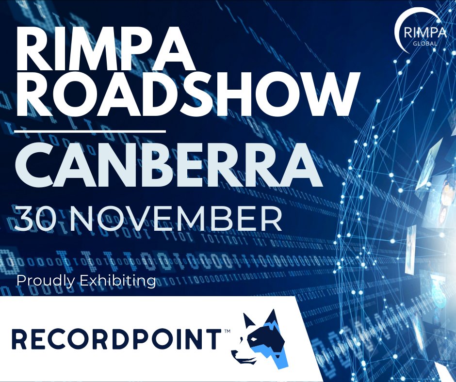 RIMPAGlobal's tweet image. Thank you to @RecordPoint, sponsors of the RIMPA Roadshow in Canberra! Meet the team at Novotel Canberra and have the chance to WIN a 3-day RIMPA Live 2023 registration 🙌

Register - ow.ly/Om0I50Lxaii

#RIMPAGlobal #RIMPARoadshow #informationmanagement #recordsmanagement