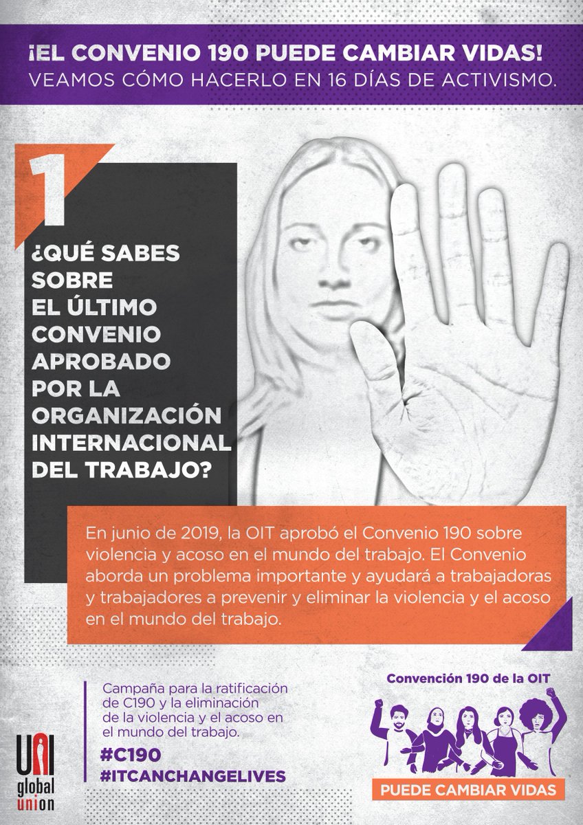 El C190 impulsa a los sindicatos, así como a otras partes interesadas a luchar contra la violencia y el acoso en el mundo del trabajo. 
<a href="/uniamericas/">UNI Américas</a> <a href="/uni_equal/">UNI Equal Opportunities</a> #C190Ya #RatifyC190 #16DiasdeActivismo
