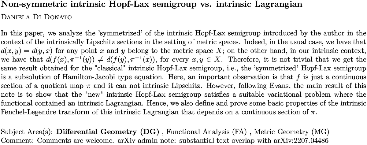 arxiv.org/abs/2211.12822…
D D Donato
Non-symmetric intrinsic Hopf-Lax semigroup vs. intrinsic Lagrangian