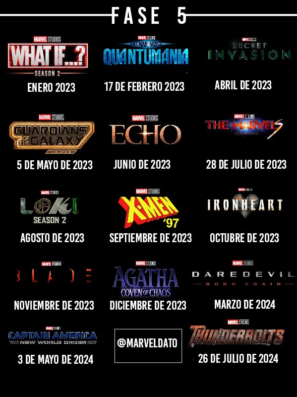 MarvelDato's tweet photo. 🎬FASE 5 | Calendario de estrenos de la fase 5 de Marvel Studios 2023. 

SE VIENE🔥🛐 https://t.co/80P7RjjH0y