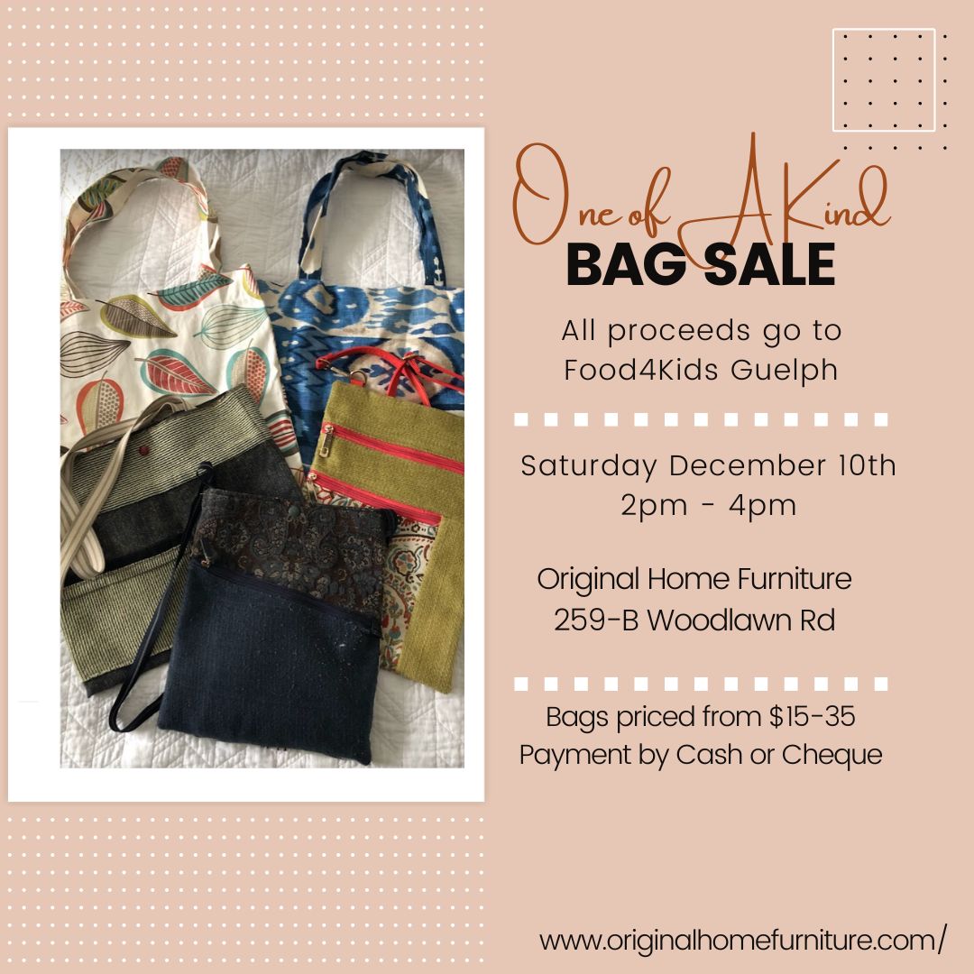 Visit Original Home Furniture Dec. 10th from 2pm-4pm for our One of A Kind Bag Sale! Maureen Smith &amp; Christine MacKay create bags from repurposed furnishing fabric samples and donate all proceeds to Food4Kids Guelph. #food4kidsguelph #food4kids https://www.originalhomefurniture