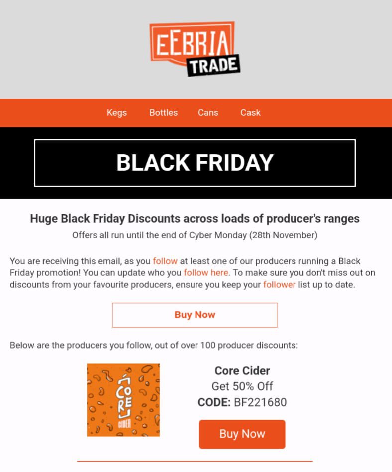 Calling all our trade pals…get 50% of Core Cider x24 330ml packs via <a href="/EeBriaTrade/">EeBriaTrade</a> now! Use the discount code below #blackfriday