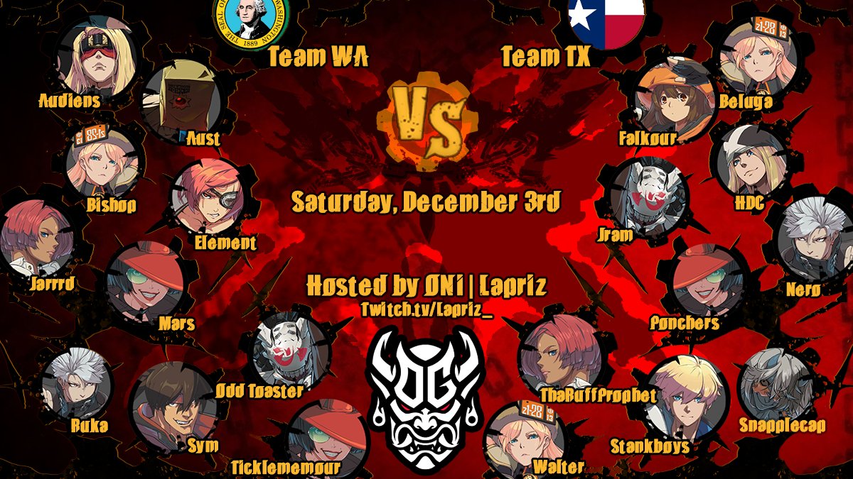 The day before ONi Arena I will be streaming the TX vs WA crew battle on my twitch! twitch.tv/Lapriz_
Tune in to see which 10 goes home scrubs.

Dec 3rd! 4pm PST!