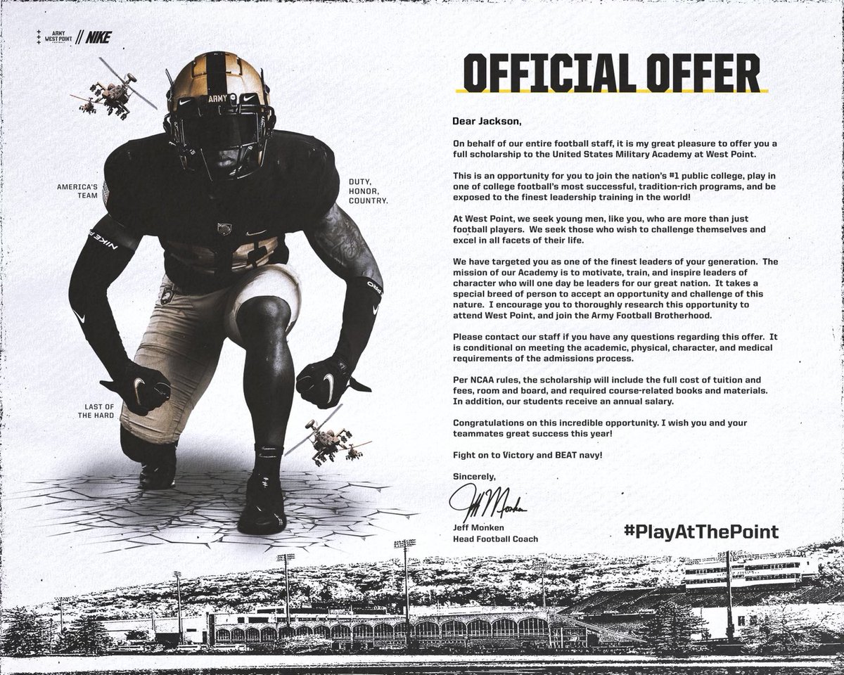 Blessed to receive a Division 1 full scholarship offer to the United States Military Academy at West Point!!
<a href="/CoachJMNichols/">Jason Nichols</a> <a href="/CoachSaturnio/">Sean Saturnio</a>

<a href="/MarvinRidgeFB/">Marvin Ridge Football</a> 
<a href="/UCHOOPS/">Union County Hoops, Football, Baseball & Softball</a> 
<a href="/UCNCFootball/">Tim Winters</a> 
<a href="/TheRealJeffReed/">Jeff Reed</a> 
<a href="/HKA_Tanalski/">Adam</a>